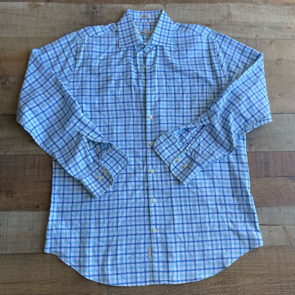 Peter Millar 100% Cotton Mens Buttondown Shirt Size LARGE Blue White Teal Plaid